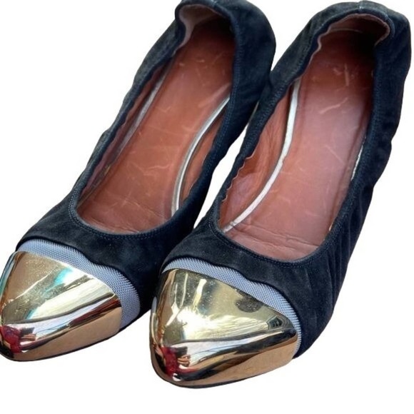 Givenchy Ballet Flats Pointed Cap Toe Gold Slip On Shoes Black Suede Size 40 - Picture 4 of 12